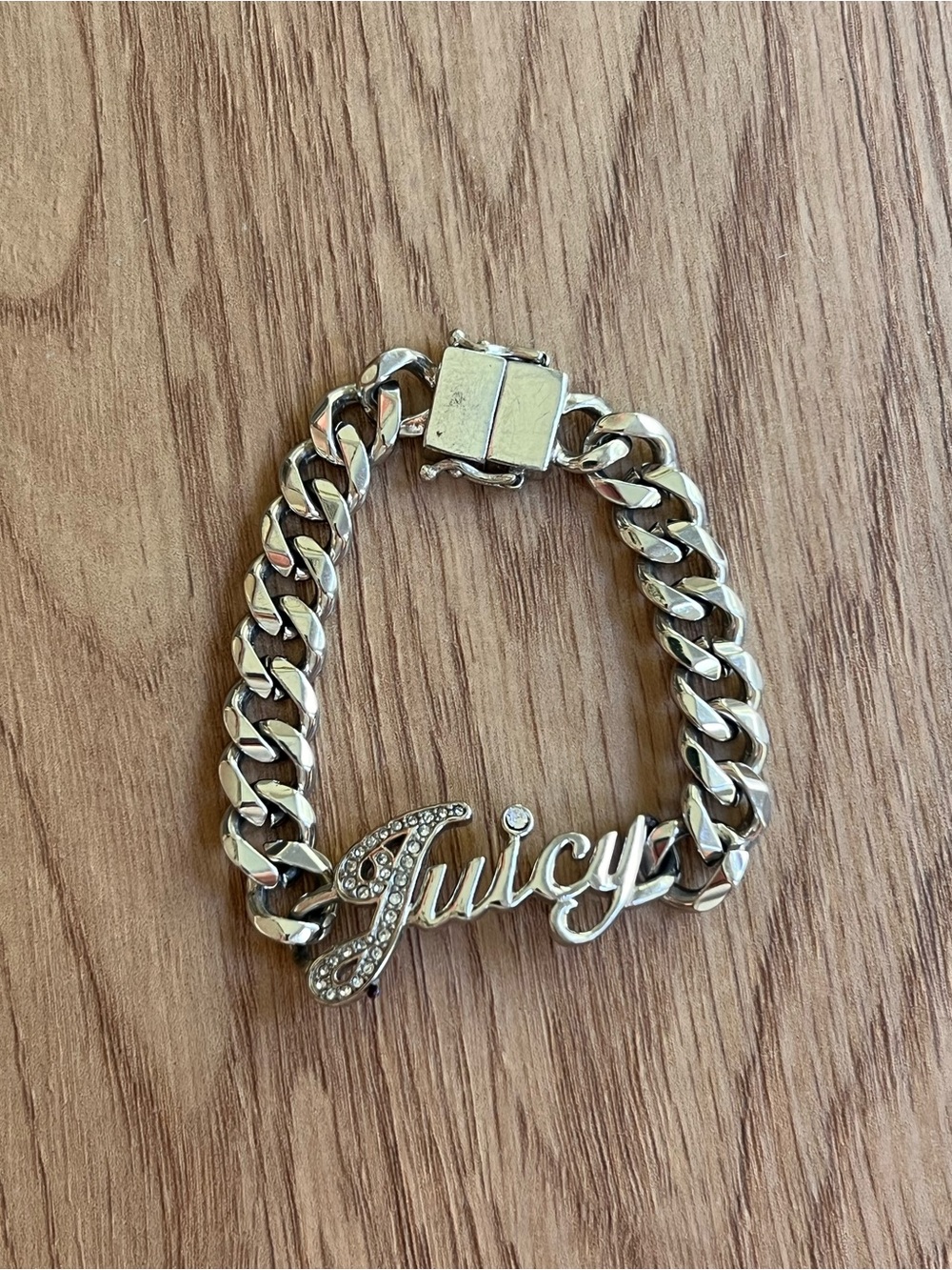 Juicy Couture Silver-Tone Script Logo Curb Bracelet with Rhinestones